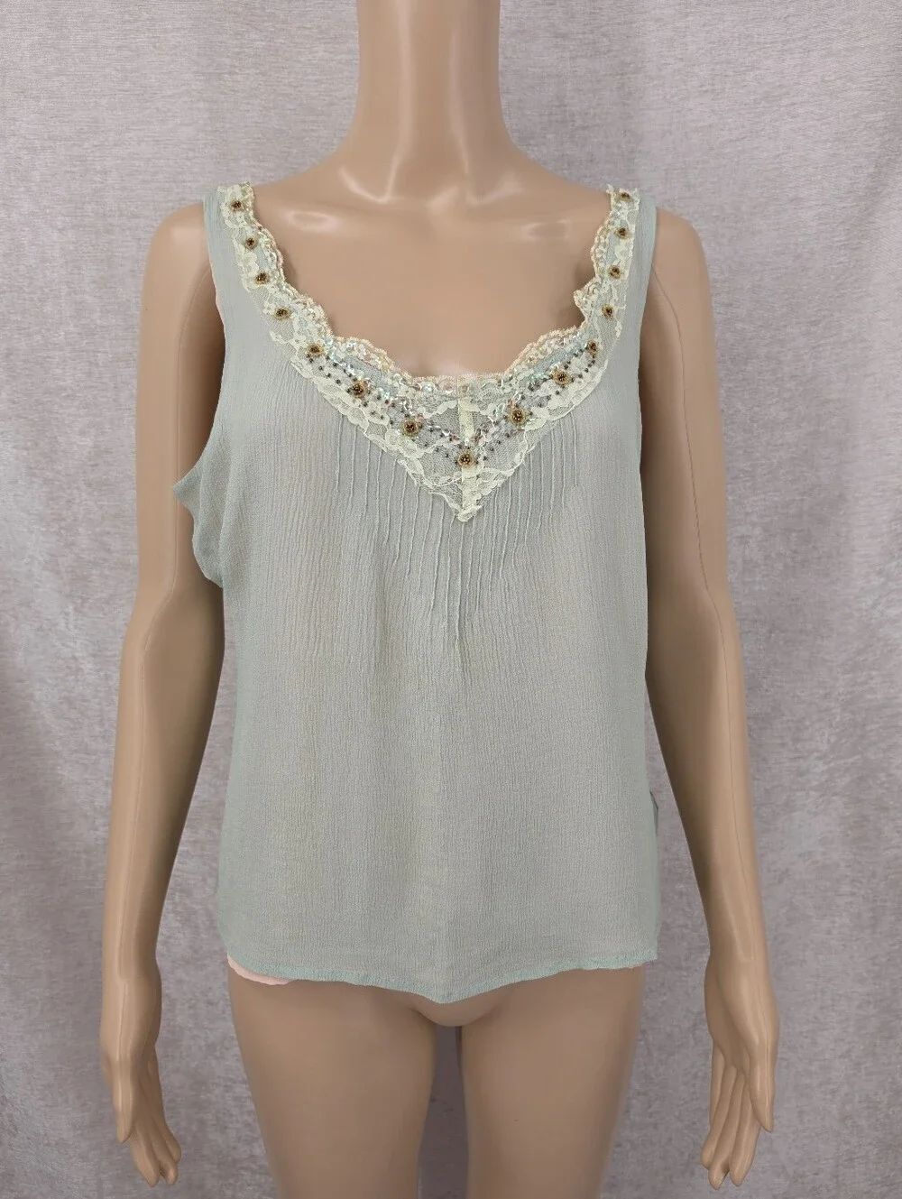 Y2K Silk Chiffon Green with Cream Lace-Trim Tank Top Beaded